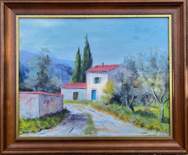 Villa ciprusokkal - Eredeti KINVA Mediterrán Tájkép Tanulmány - Olajfestmény-1